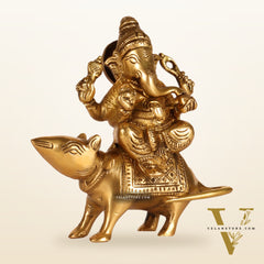 Brass superfine Ganesha seated on a mouse 5"