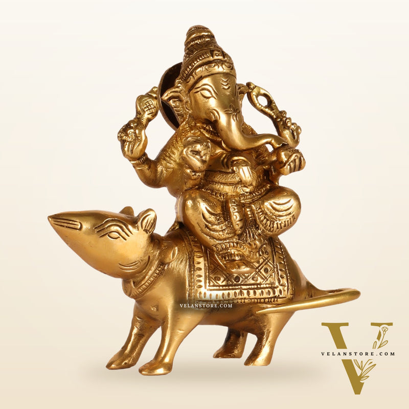 Brass superfine Ganesha seated on a mouse 5"
