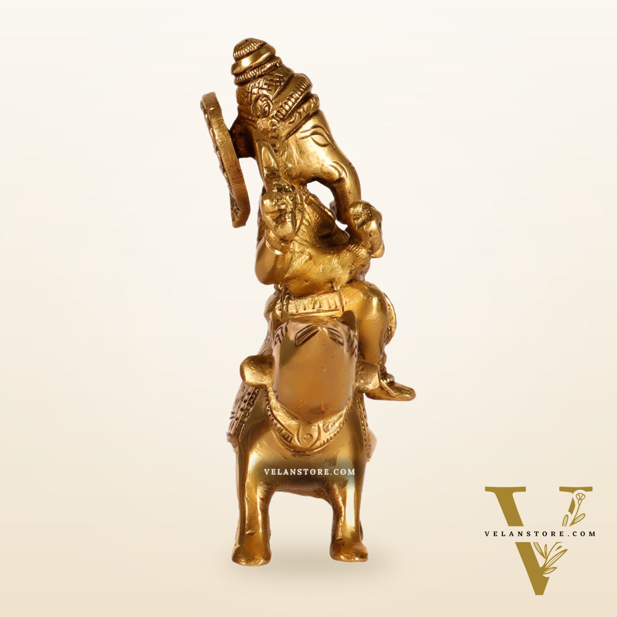 Brass superfine Ganesha seated on a mouse 5"