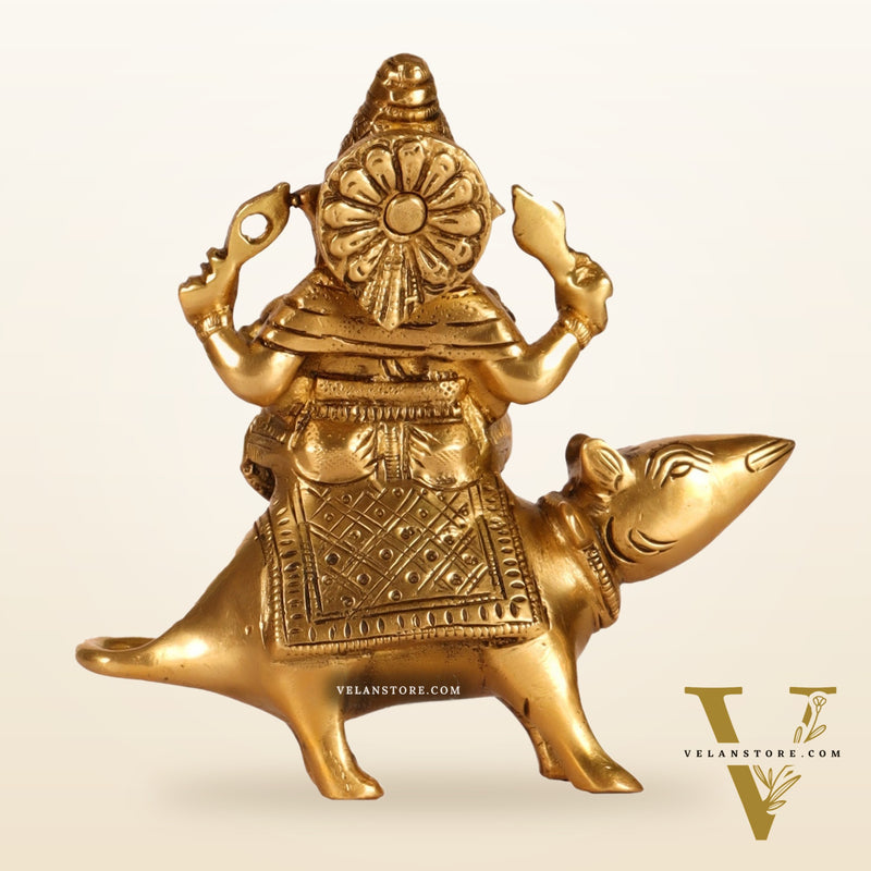 Brass superfine Ganesha seated on a mouse 5"