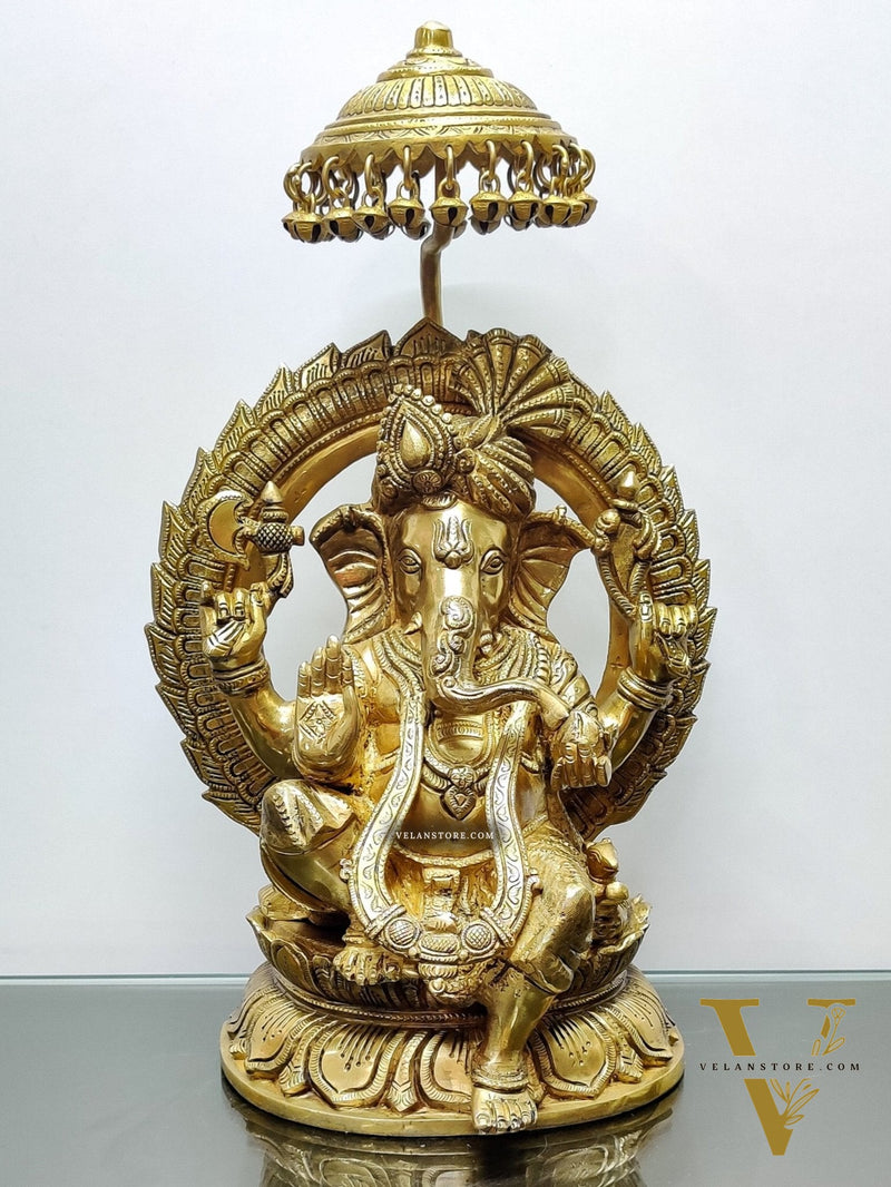 Brass Superfine Ganesha seated on a throne with umbrella 18 inch