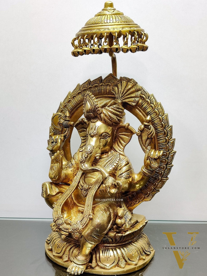 Brass Superfine Ganesha seated on a throne with umbrella 18 inch