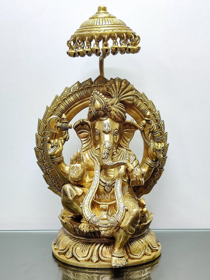 Brass Superfine Ganesha seated on a throne with umbrella 18 inch