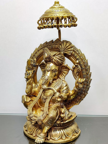 Brass Superfine Ganesha seated on a throne with umbrella 18 inch
