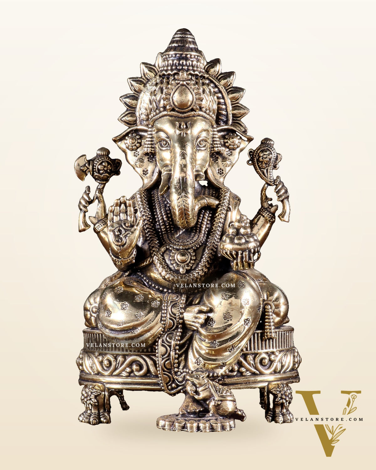 Brass Superfine Ganesha Seated on Throne Idol 6 inch