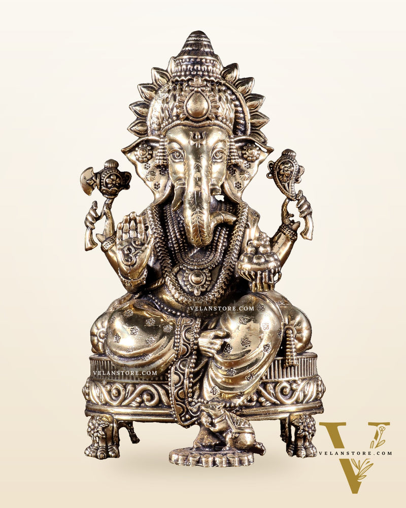 Brass Superfine Ganesha Seated on Throne Idol 6 inch