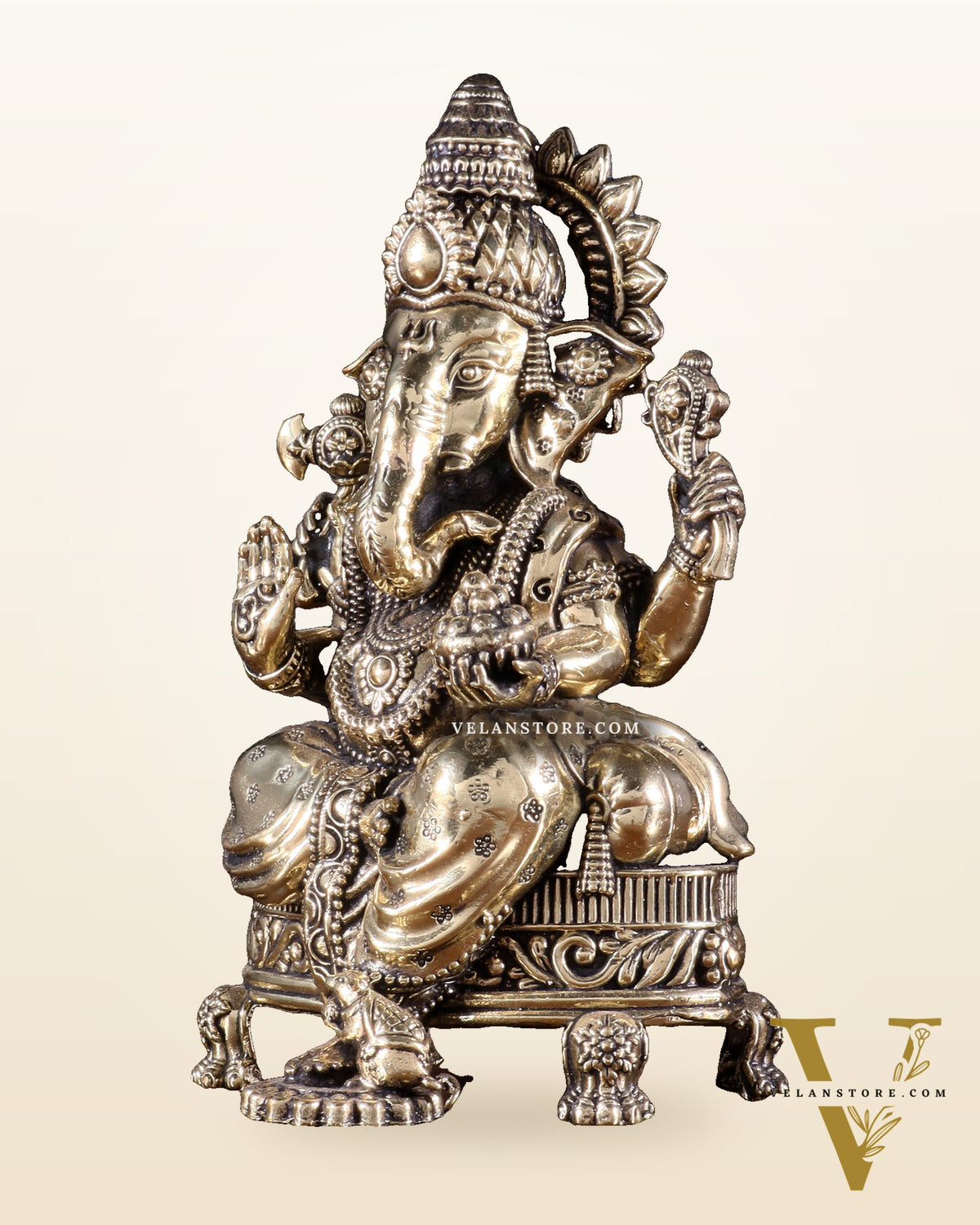 Brass Superfine Ganesha Seated on Throne Idol 6 inch