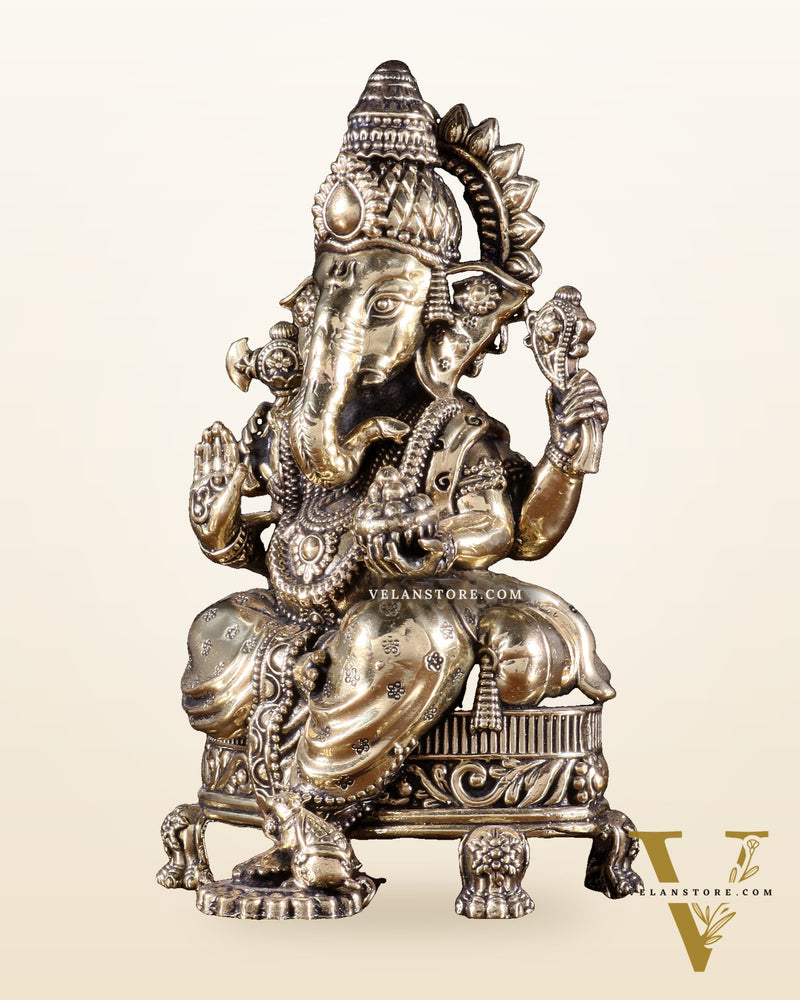 Brass Superfine Ganesha Seated on Throne Idol 6 inch