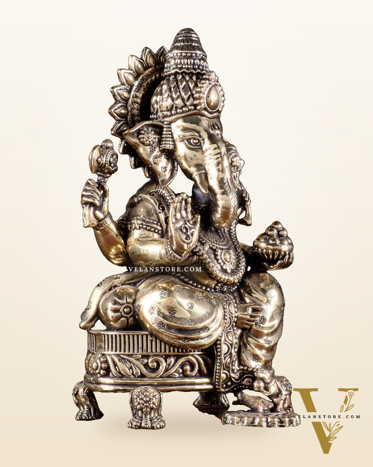 Brass Superfine Ganesha Seated on Throne Idol 6 inch