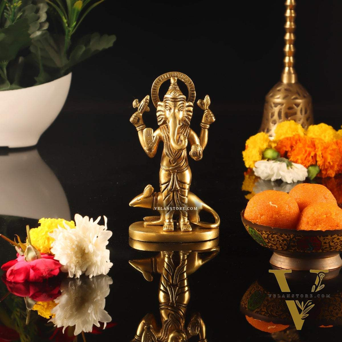 Brass Superfine Ganesha standing with mouse 5"