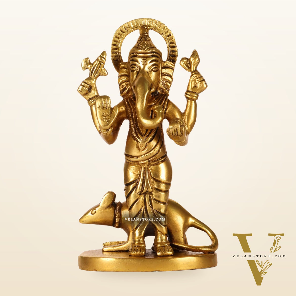 Brass Superfine Ganesha standing with mouse 5"