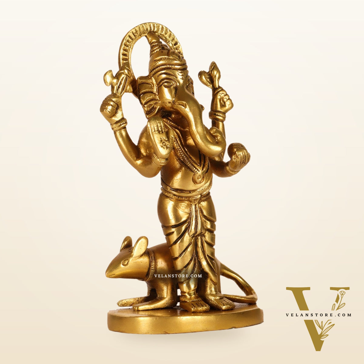 Brass Superfine Ganesha standing with mouse 5"