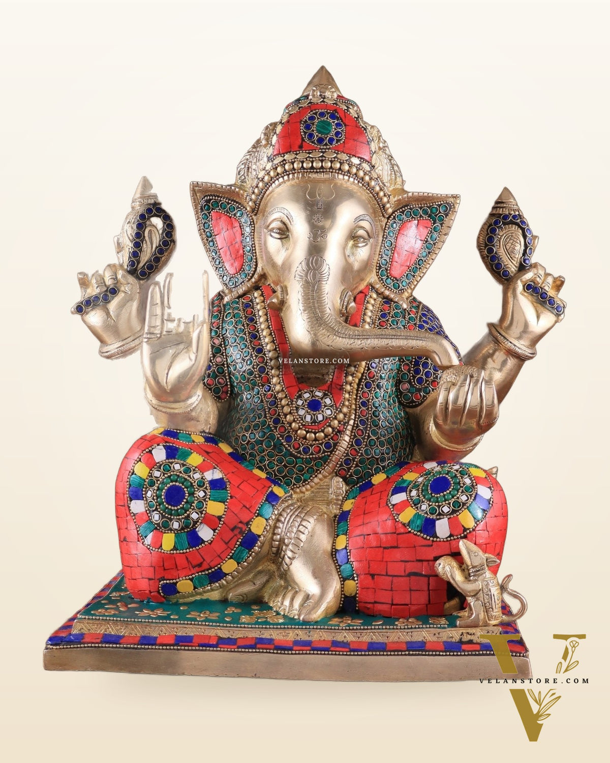 Brass Superfine Ganesha statue 15" meenakari Stonework