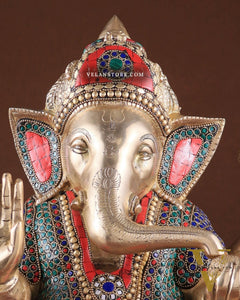 Brass Superfine Ganesha statue 15" meenakari Stonework