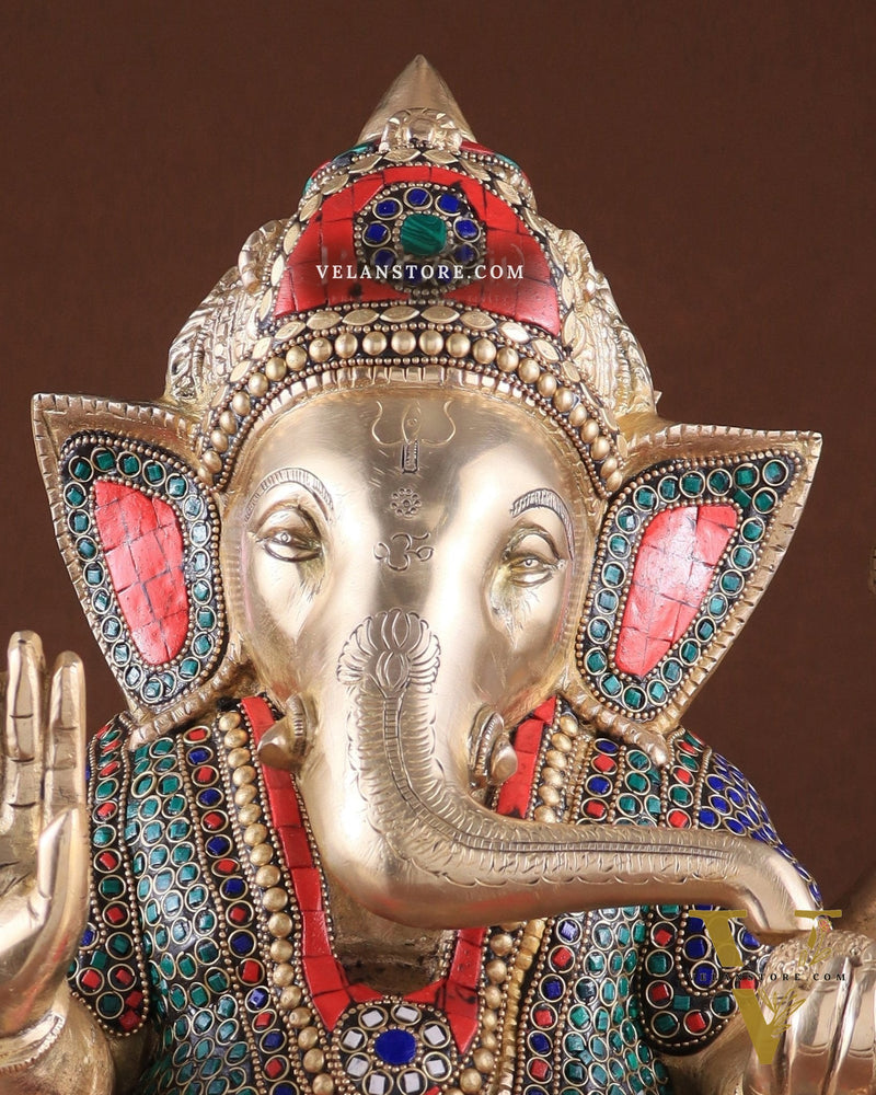 Brass Superfine Ganesha statue 15" meenakari Stonework