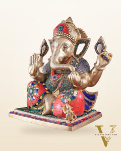 Brass Superfine Ganesha statue 15" meenakari Stonework