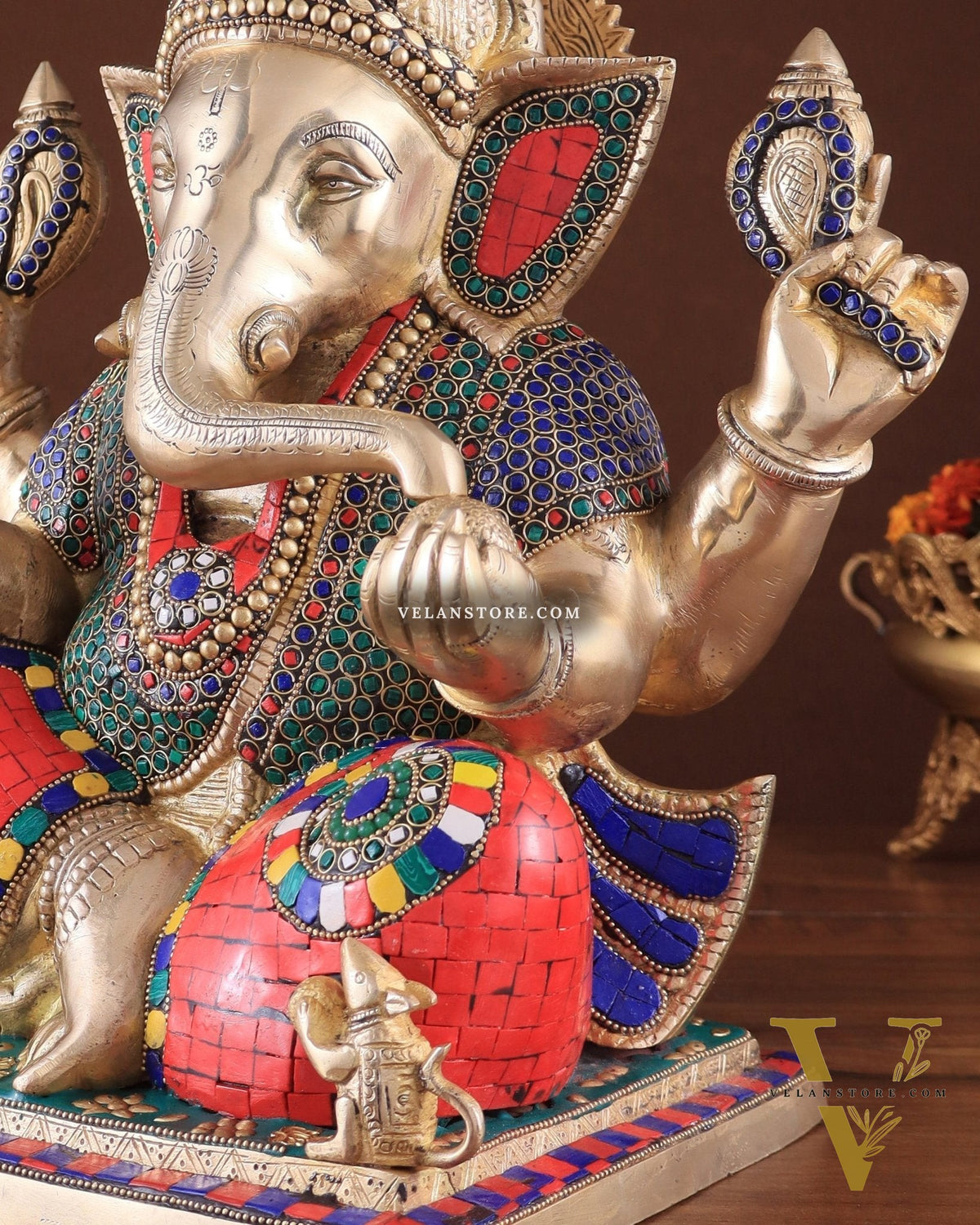 Brass Superfine Ganesha statue 15" meenakari Stonework