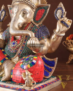 Brass Superfine Ganesha statue 15" meenakari Stonework