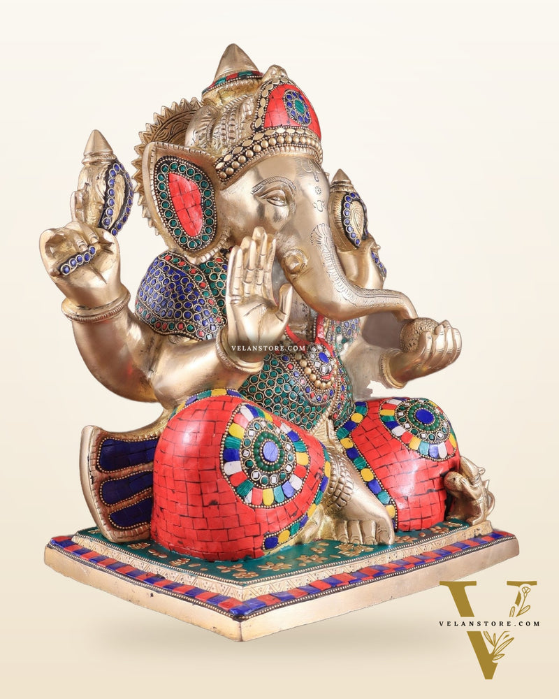 Brass Superfine Ganesha statue 15" meenakari Stonework