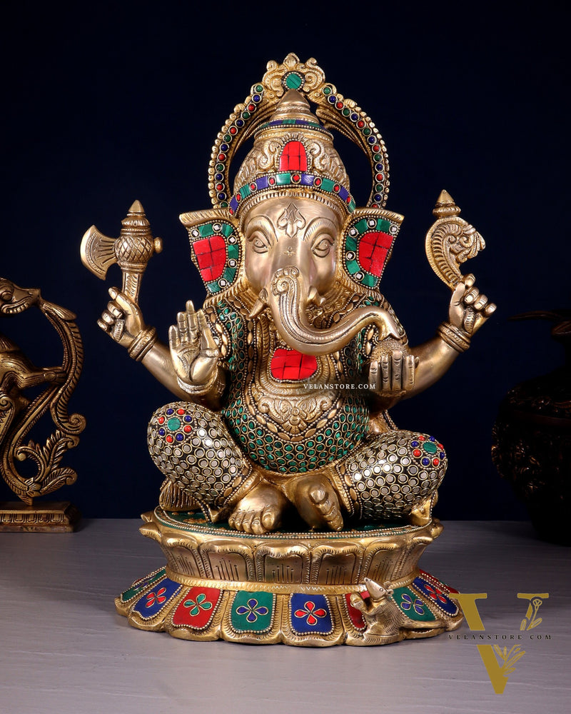Brass Superfine Ganesha Statue on Lotus Base - 15 Inch multicolour