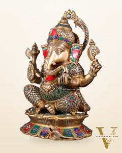 Brass Superfine Ganesha Statue on Lotus Base - 15 Inch multicolour