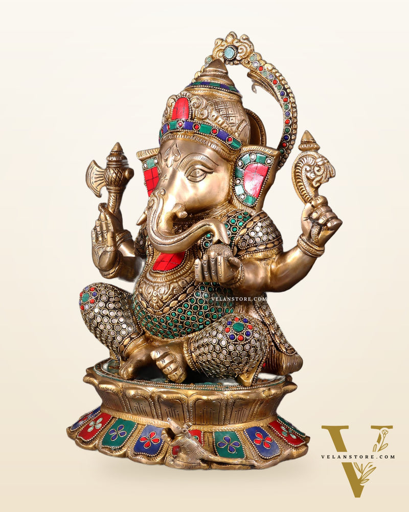 Brass Superfine Ganesha Statue on Lotus Base - 15 Inch multicolour
