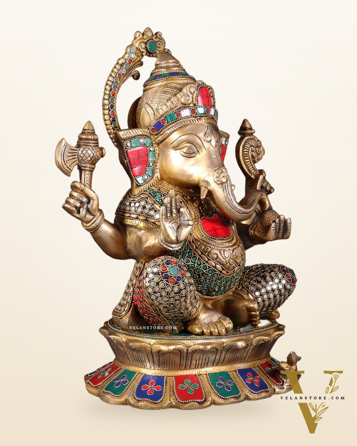 Brass Superfine Ganesha Statue on Lotus Base - 15 Inch multicolour