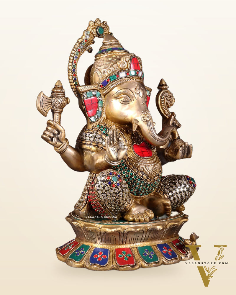 Brass Superfine Ganesha Statue on Lotus Base - 15 Inch multicolour