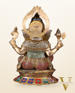 Brass Superfine Ganesha Statue on Lotus Base - 15 Inch multicolour