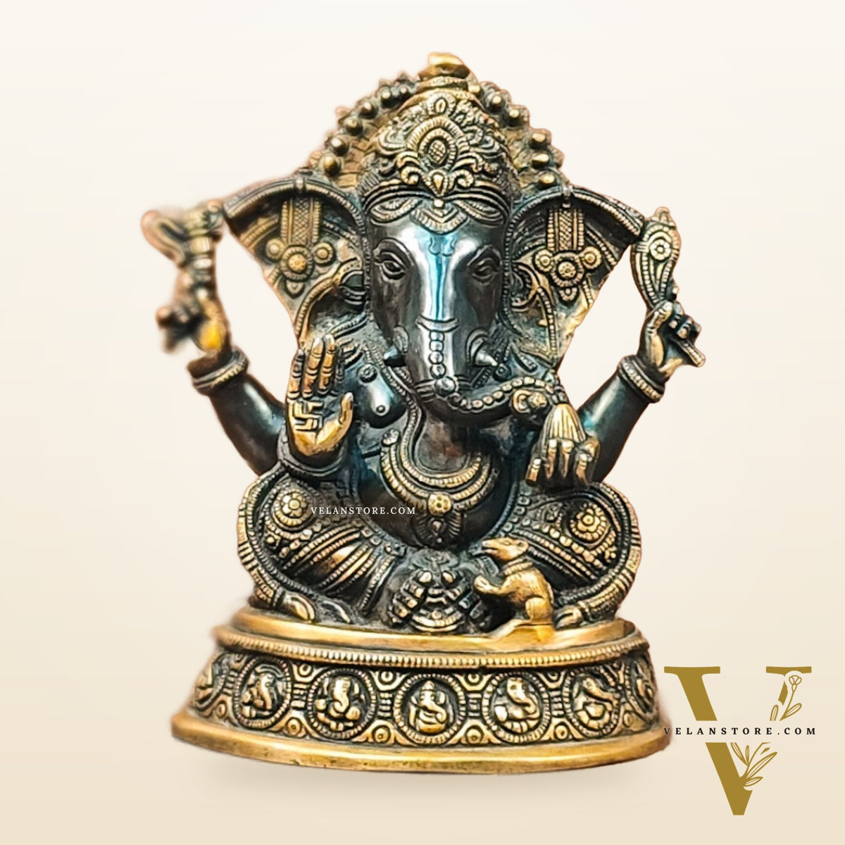 Brass Superfine Ganesha Statue with Ashtavinayaka Engraved - Midnight Black and Golden Finish - 11 inches
