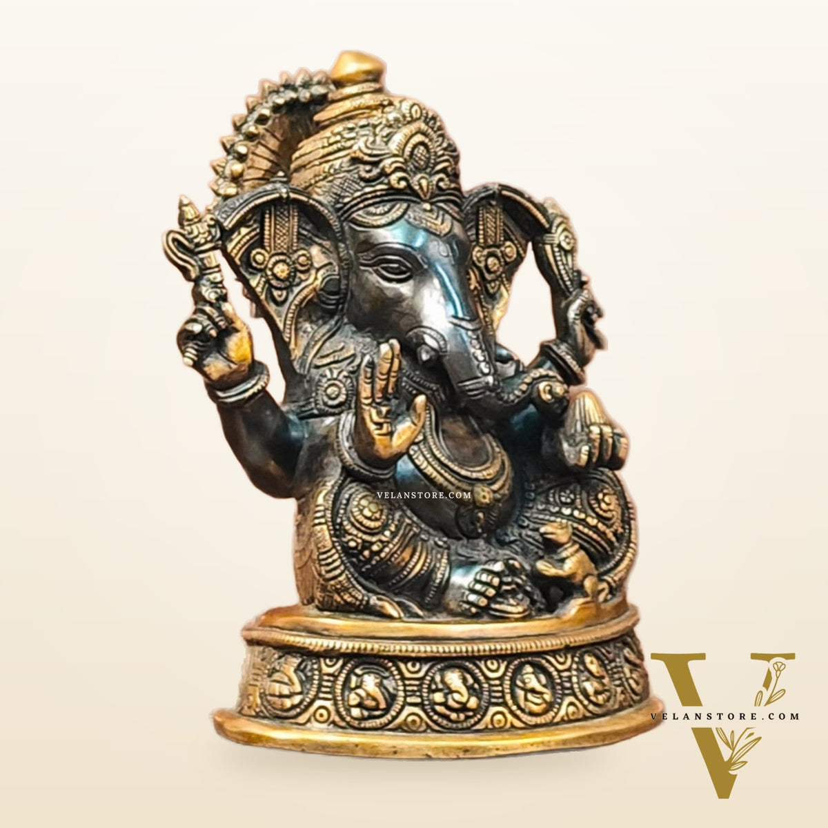 Brass Superfine Ganesha Statue with Ashtavinayaka Engraved - Midnight Black and Golden Finish - 11 inches