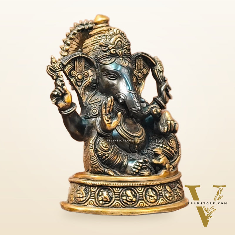 Brass Superfine Ganesha Statue with Ashtavinayaka Engraved - Midnight Black and Golden Finish - 11 inches