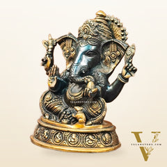 Brass Superfine Ganesha Statue with Ashtavinayaka Engraved - Midnight Black and Golden Finish - 11 inches