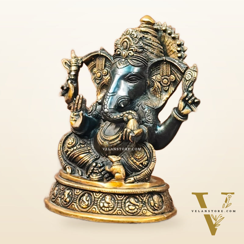 Brass Superfine Ganesha Statue with Ashtavinayaka Engraved - Midnight Black and Golden Finish - 11 inches