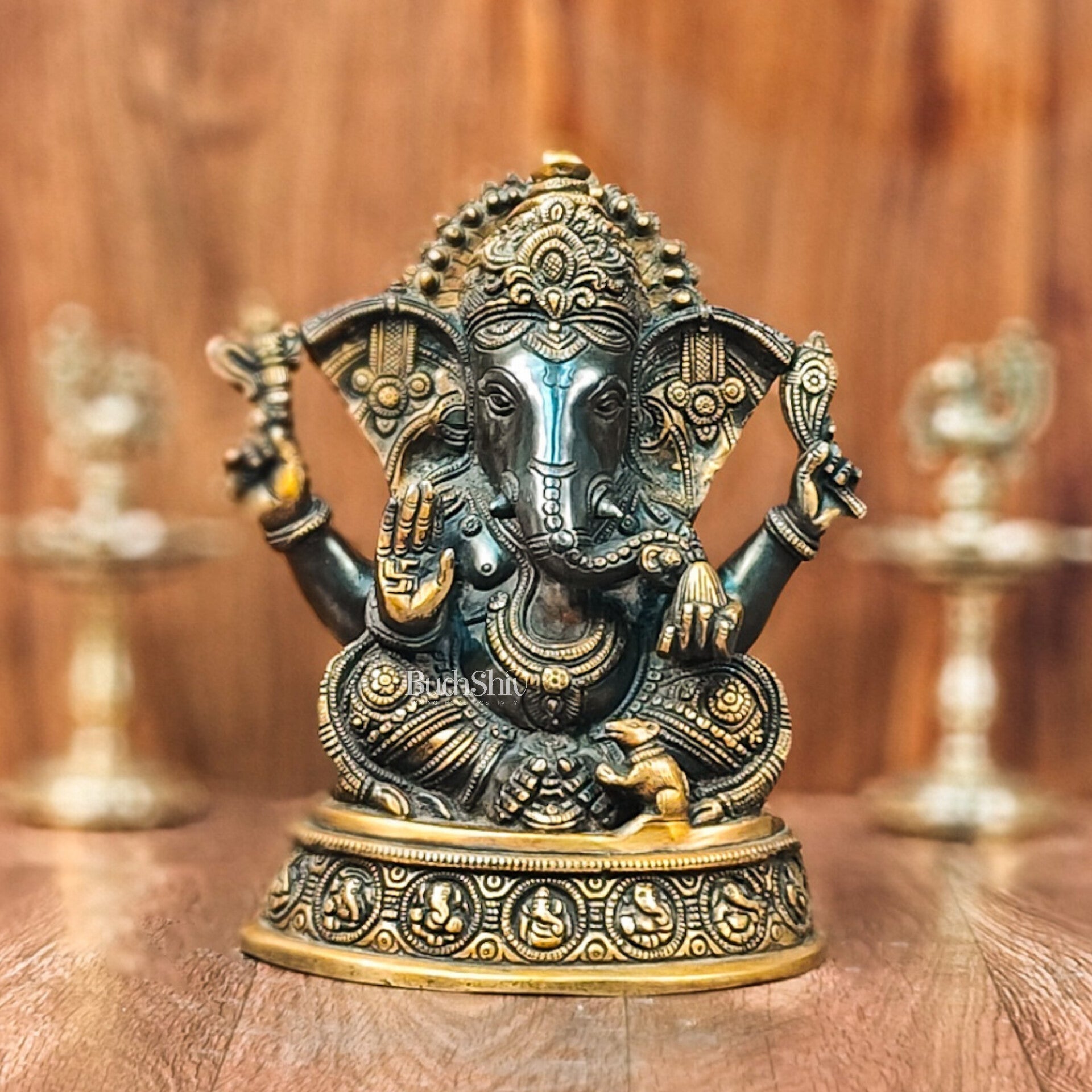 Brass Superfine Ganesha Statue with Ashtavinayaka Engraved - Midnight Black and Golden Finish - 11 inches