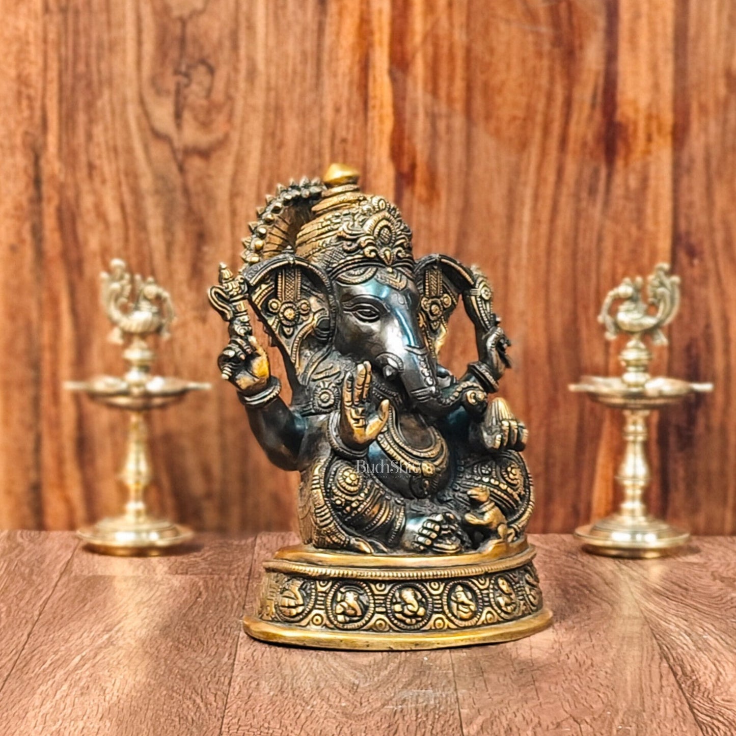Brass Superfine Ganesha Statue with Ashtavinayaka Engraved - Midnight Black and Golden Finish - 11 inches