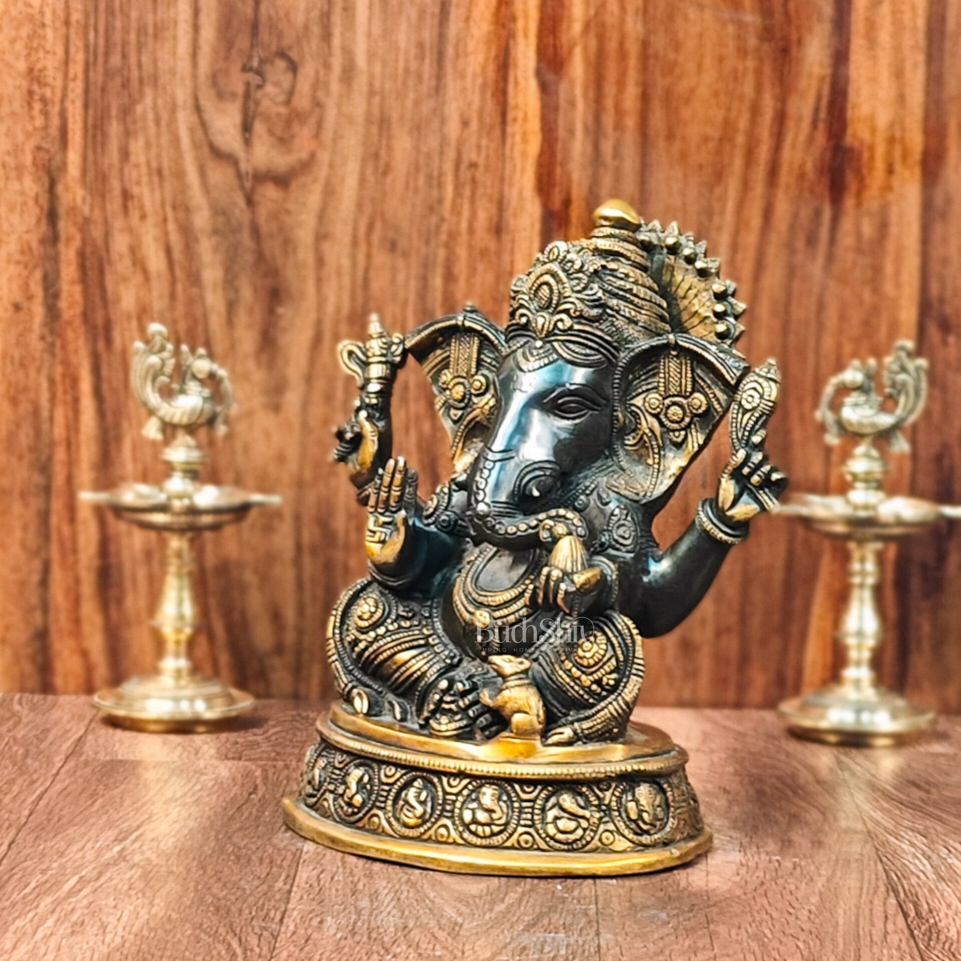 Brass Superfine Ganesha Statue with Ashtavinayaka Engraved - Midnight Black and Golden Finish - 11 inches