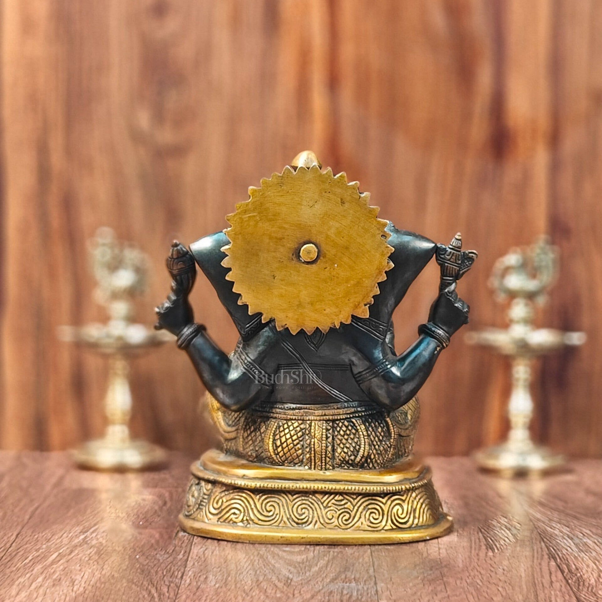 Brass Superfine Ganesha Statue with Ashtavinayaka Engraved - Midnight Black and Golden Finish - 11 inches