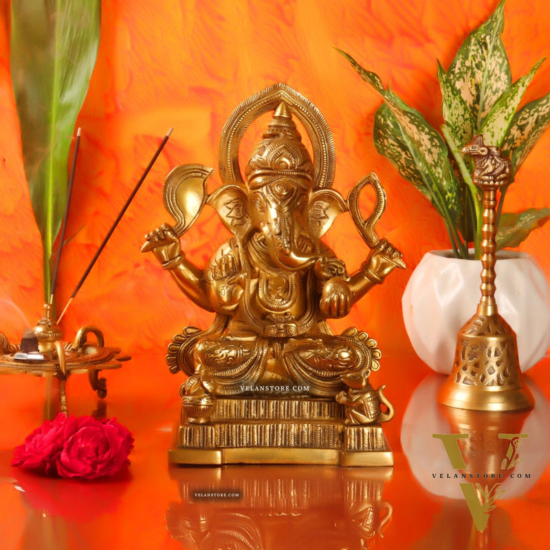 Brass Superfine Ganesha Statue with Kalash and Mouse 10 inch