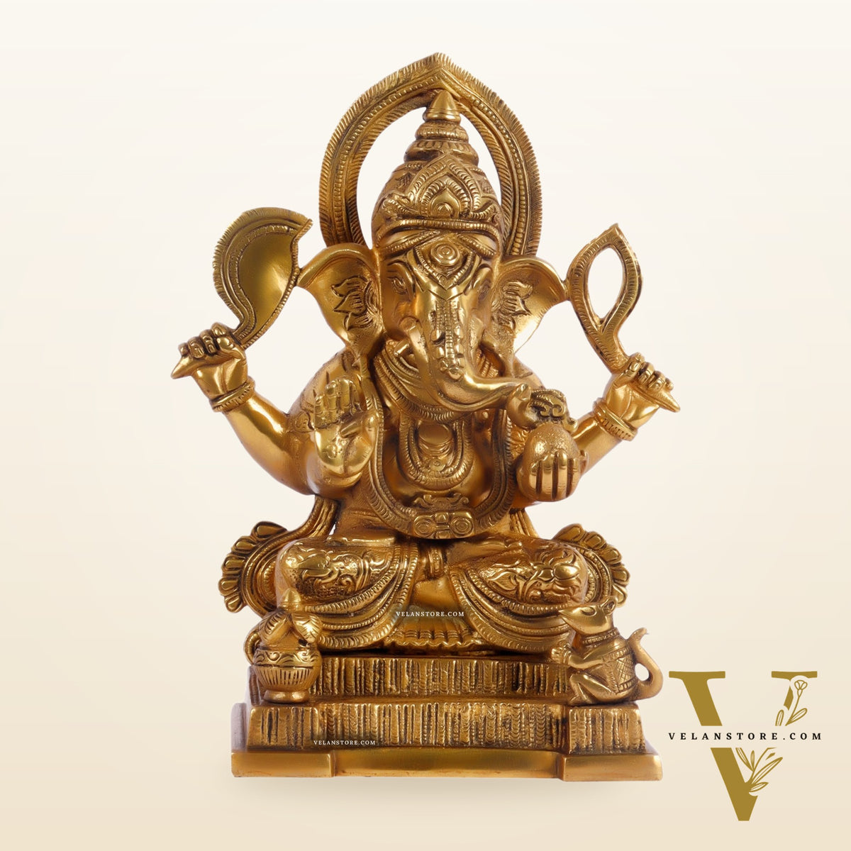 Brass Superfine Ganesha Statue with Kalash and Mouse 10 inch