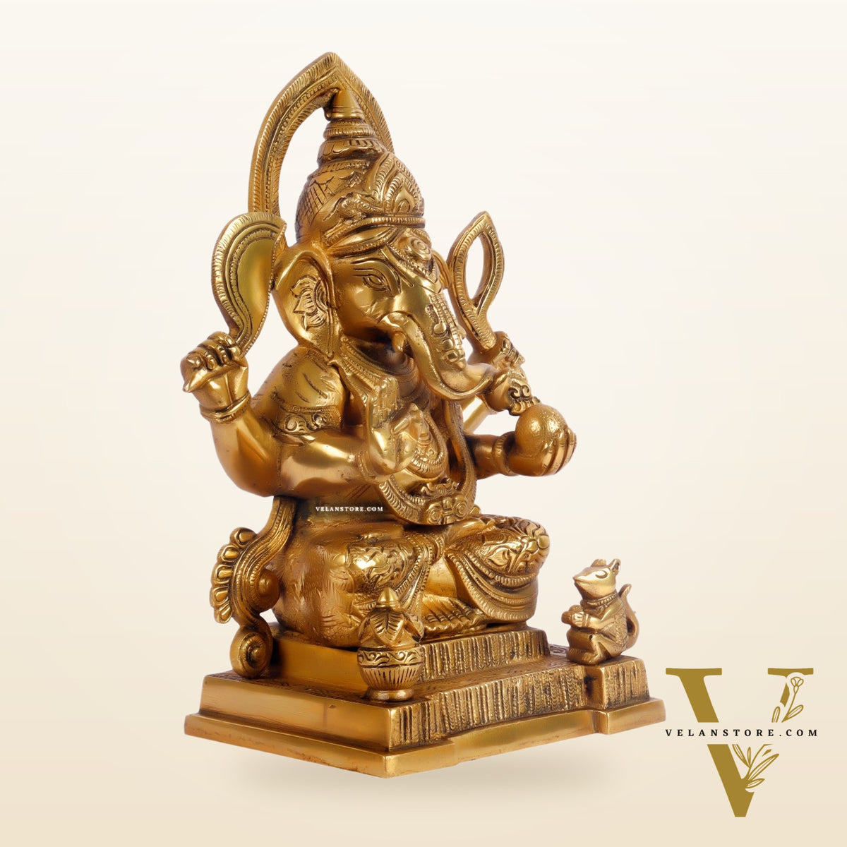 Brass Superfine Ganesha Statue with Kalash and Mouse 10 inch