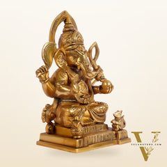 Brass Superfine Ganesha Statue with Kalash and Mouse 10 inch