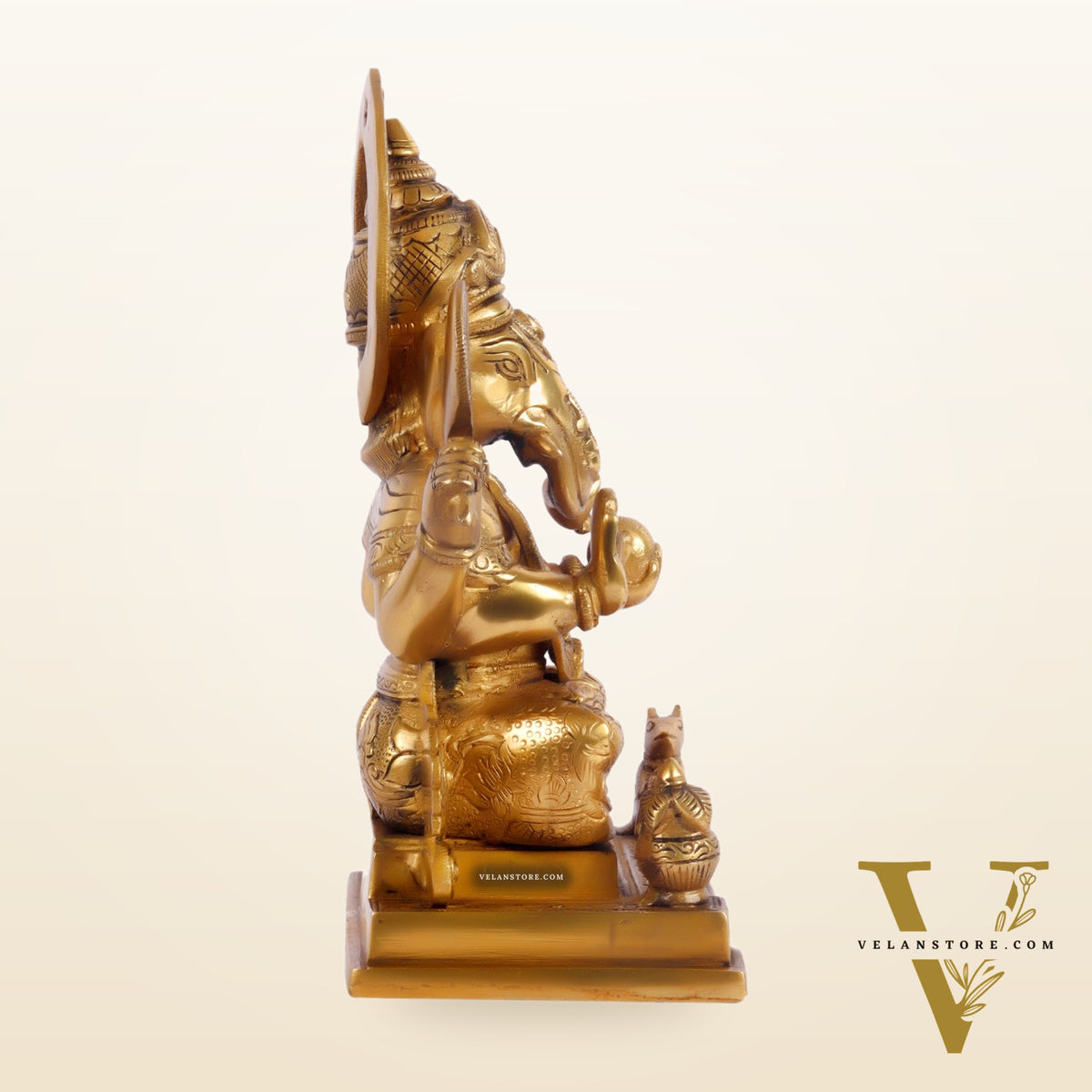 Brass Superfine Ganesha Statue with Kalash and Mouse 10 inch
