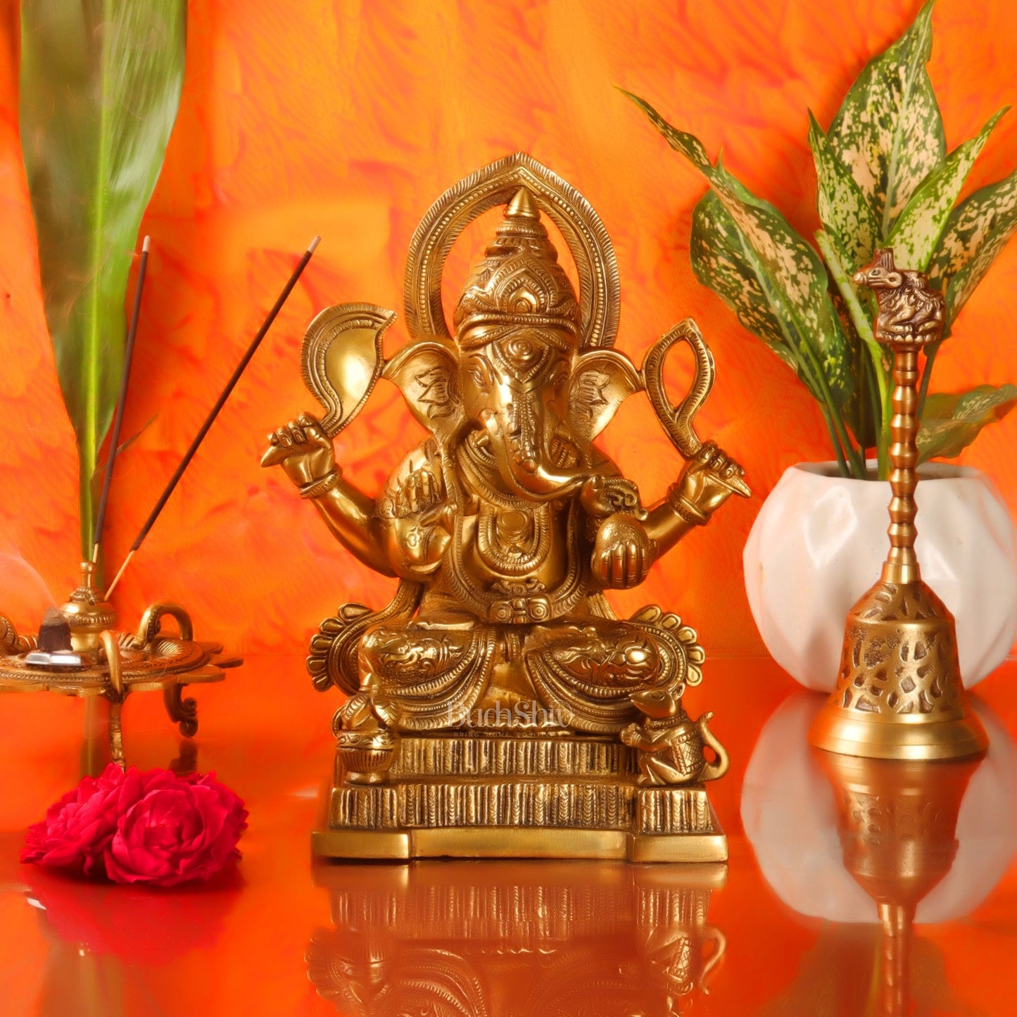 Brass Superfine Ganesha Statue with Kalash and Mouse 10 inch