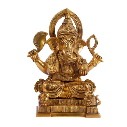 Brass Superfine Ganesha Statue with Kalash and Mouse 10 inch