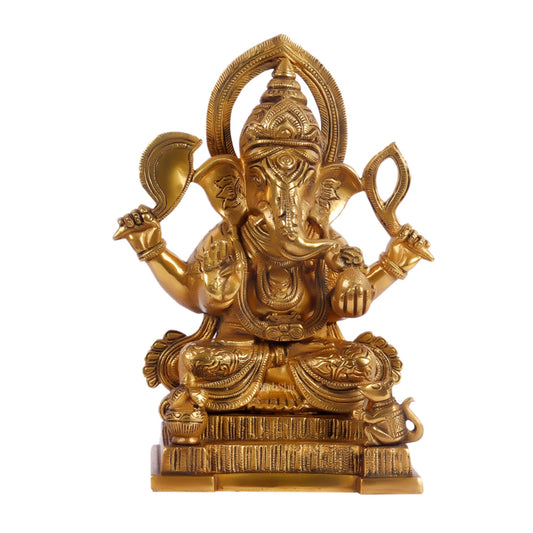 Brass Superfine Ganesha Statue with Kalash and Mouse 10 inch
