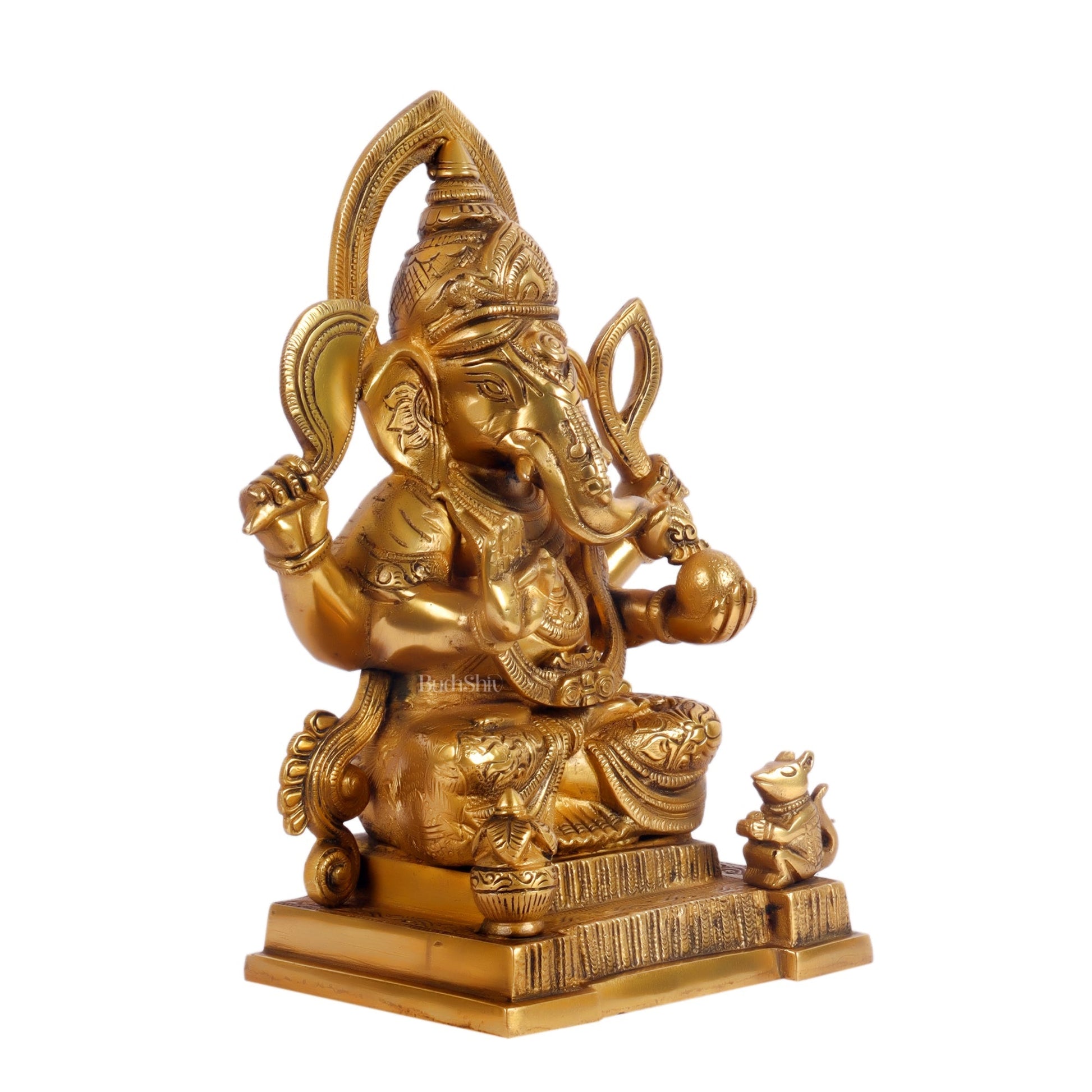 Brass Superfine Ganesha Statue with Kalash and Mouse 10 inch