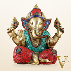 Brass Superfine Ganesha Statue with Meenakari & Stonework – 13.5 Inch