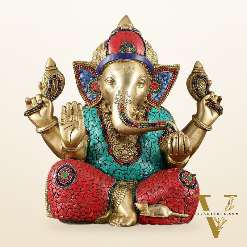 Brass Superfine Ganesha Statue with Meenakari & Stonework – 13.5 Inch