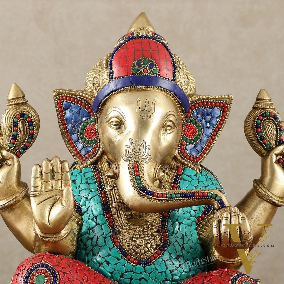 Brass Superfine Ganesha Statue with Meenakari & Stonework – 13.5 Inch